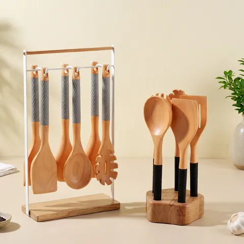Rubberwood Kitchen Utensils With Anti-slip Silicone Handle Professional Heat Resistant Spatula Soup Spoon Pasta Server