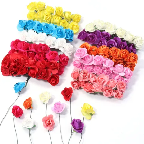 144 Pieces Mini Artificial Rose Paper Flowers For DIY Wreath Candy Box Decoration Wedding Party Table Decor Craft Flowers