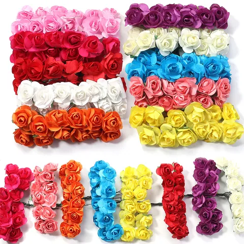144 Pieces Mini Artificial Rose Paper Flowers For DIY Wreath Candy Box Decoration Wedding Party Table Decor Craft Flowers