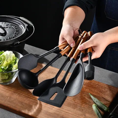 Heat Resistant Silicone Kitchen Utensil Set With Beech Wood Handle Non-Stick Cooking Spoon Spatula Turner Basting Brush