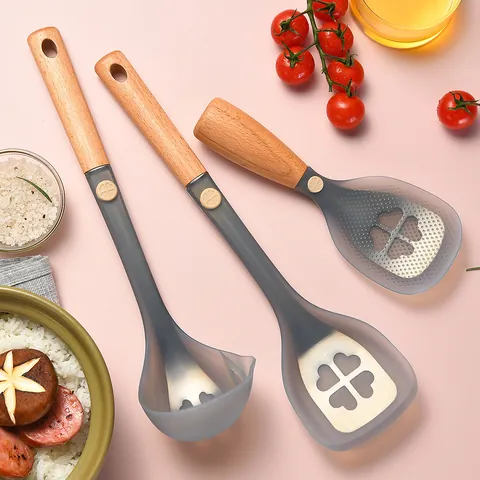 Silicone Cooking Utensils Set with Wooden Handle Heat Resistant Non-Stick Spatula Soup Spoon Rice Paddle Slotted Turner Kitchen Tools
