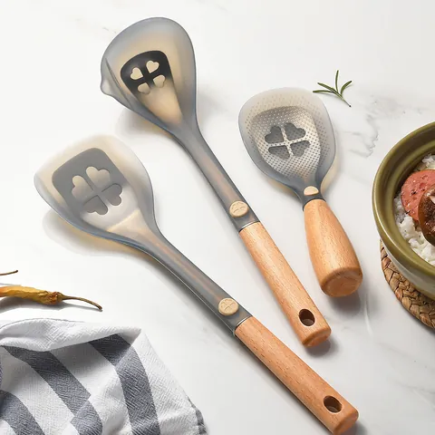 Silicone Cooking Utensils Set with Wooden Handle Heat Resistant Non-Stick Spatula Soup Spoon Rice Paddle Slotted Turner Kitchen Tools