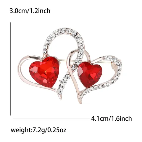 Fashion Alloy Double Heart Brooch Pin Elegant Rose Gold Plated Red Rhinestone Breastpin Jewelry Accessory For Women Gift