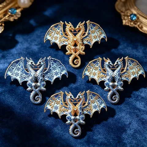 Double Headed Dragon Brooch Blue And White Porcelain Enamel Pin Alloy Rhinestone Dragon Brooch For Men Women Suit Coat Jewelry