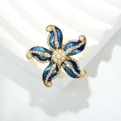Spilla a Stella Marina Vintage per Donna Lega Intarsiata Smalto Blu Strass Perla Artificiale Stile Marino Spilla da Bavero Gioiello