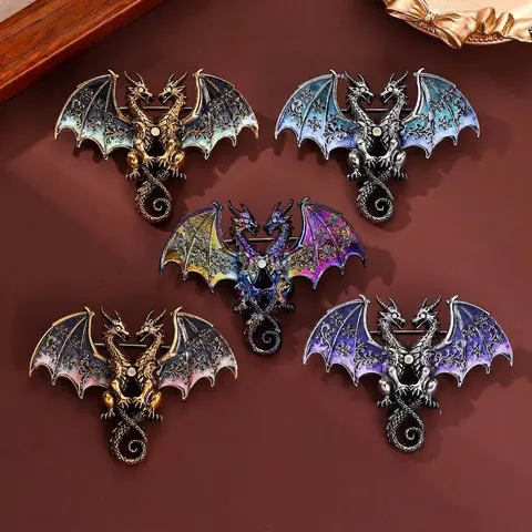Vintage Double Headed Dragon Brooch For Men Women Retro Alloy Rhinestone Gradient Animal Suit Lapel Pin Fantasy Jewelry Gift