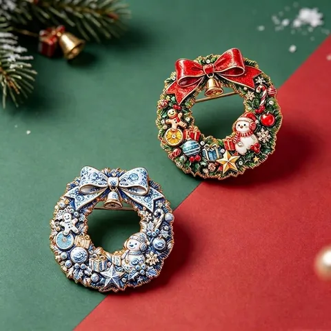 Christmas Wreath Brooch Pin With Snowman Bell Bowknot Zinc Alloy Rhinestone Enameled Festive Breastpin For Party Women Men Gift