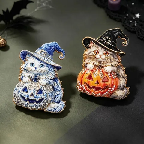 Halloween Καρφίτσα Γάτα με Καπέλο Μάγισσας και Κολοκύθα Βίντατζ Σμάλτο Στρας Καρφίτσα για Γυναίκες Άνδρες Κοσμήματα Πάρτι