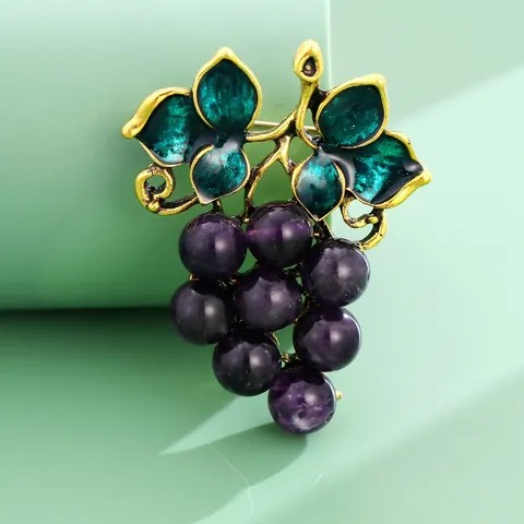 Broche de Raisin Créative Vintage pour Femmes en Alliage Émail Vert Huile de Goutte Violette Perle Artificielle Broche de Fruits Pin Bijoux de Mode