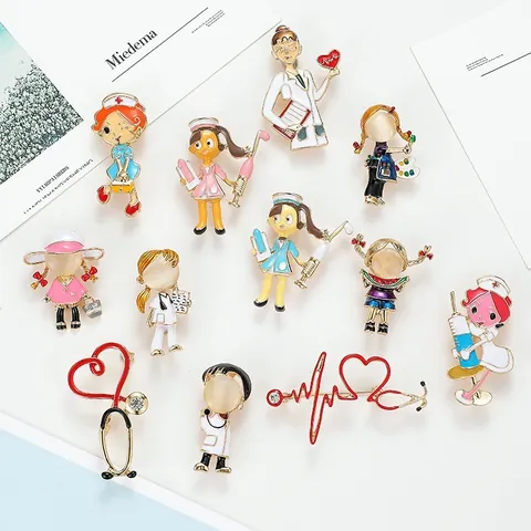 Cartoon Medical Theme Brooch Alloy Drip Oil Doctor Nurse Heart Stethoscope Rhinestone Badge Clothing Scarf Pin Jewelry Gift