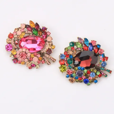 Vintage Alloy Rhinestone Flower Brooch Elegant Colorful Glass Crystal Brooch For Women Clothing Accessories Banquet Jewelry
