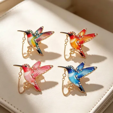Luxury Colorful Gradient Hummingbird Brooch For Women Zinc Alloy Rhinestone Enamel Animal Lapel Pin With Chain Tassel Fashion Jewelry Accessory Gift
