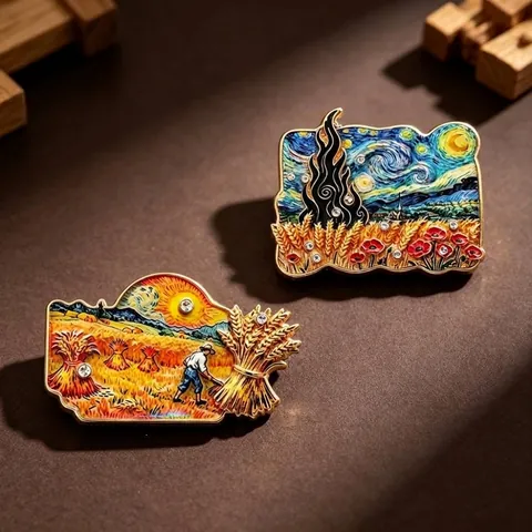 Van Gogh Art Painting Enamel Brooch Relief Starry Night Wheat Field Zinc Alloy Rhinestone Lapel Pin Jewelry Accessory Women Men Gift