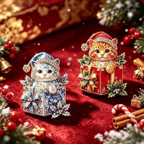 Spilla Vintage a Forma di Gatto in Scatola Regalo di Natale in Lega di Smalto con Strass Gioielli Accessori Festivi Regalo