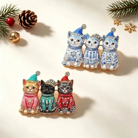 Weihnachten Katze Brosche Pin Set Zinklegierung Strass Niedliche Tier Emaille Nadeln Für Damen Herren Xmas Geschenk Schmuck