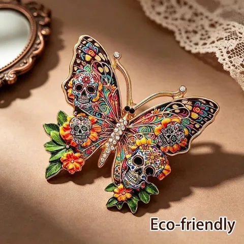 Halloween Creative Butterfly Brooch For Women Zinc Alloy Rhinestone Skull Pattern Day Of The Dead Vintage Enamel Jewelry