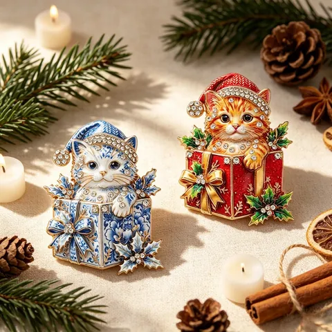 Spilla Vintage a Forma di Gatto in Scatola Regalo di Natale in Lega di Smalto con Strass Gioielli Accessori Festivi Regalo