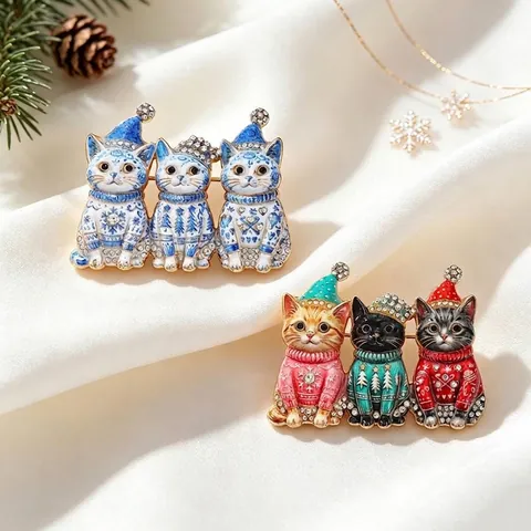Weihnachten Katze Brosche Pin Set Zinklegierung Strass Niedliche Tier Emaille Nadeln Für Damen Herren Xmas Geschenk Schmuck
