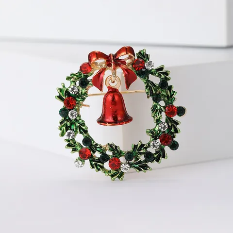 Festive Christmas Wreath Enamel Brooch Pin For Women Alloy Rhinestone Bow Bell Badge Party Dress Suit Decor Jewelry Gift