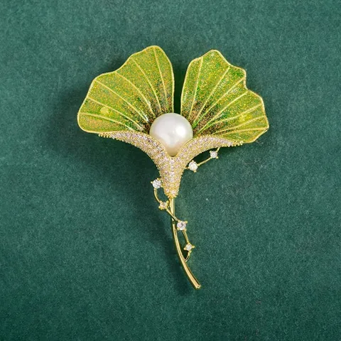 Classical Chinese Style Ginkgo Leaf Enamel Brooch With Artificial Pearl Rhinestone Inlay Cheongsam Pin Accessory For Women