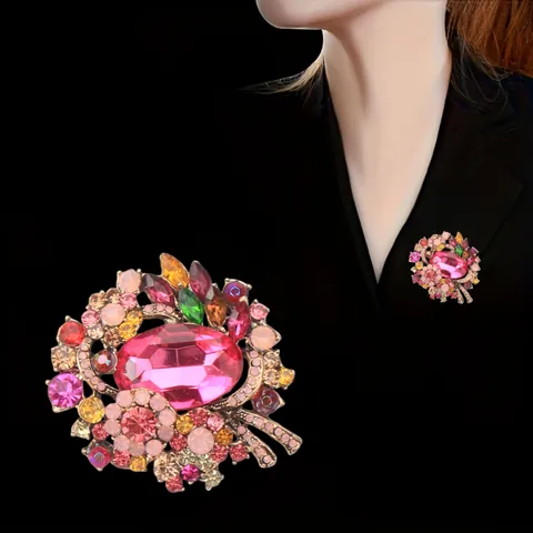 Vintage Alloy Rhinestone Flower Brooch Elegant Colorful Glass Crystal Brooch For Women Clothing Accessories Banquet Jewelry
