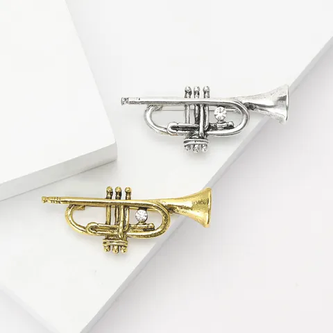 Retro Alloy Trumpet Brooch Pin Musical Instrument Design Rhinestone Inlay Suit Lapel Pin for Women Music Lover Gift