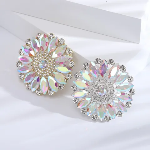 Vintage Exaggerated Round Flower Brooch With AB Colorful Glass Rhinestones Retro Alloy Pin For Women Coat Suit Dress Jewelry