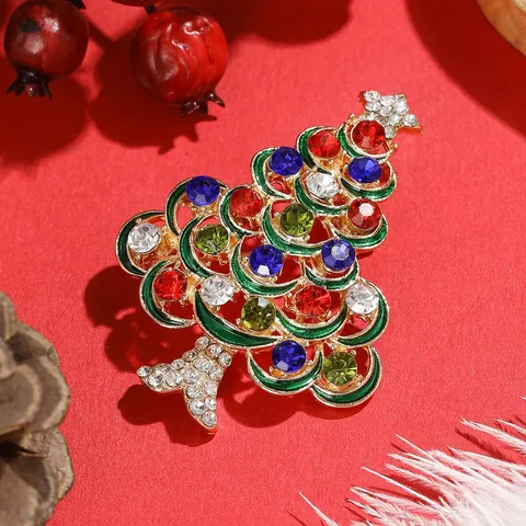 Spilla da Donna in Lega Vintage a Forma di Albero di Natale Con Strass Colorati Smalto Cavo Decorazione per Feste Gioielli