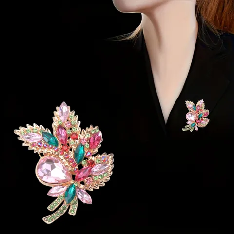 Elegant Alloy Rhinestone Bouquet Brooch For Women Vintage Flower Leaf Design Corsage Suit Shawl Jewelry Accessory Gift