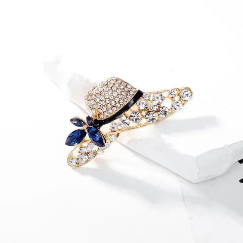 Fashion Women Hat Shape Brooch Alloy Rhinestone Inlaid Gold Plated Pin For Coat Jacket Suit Elegant Dress Accessories