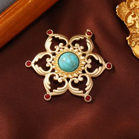 Vintage Hollow Lotus Brooch Simulated Turquoise Ethnic Flower Pin Alloy Rhinestone Jewelry for Women Accessories