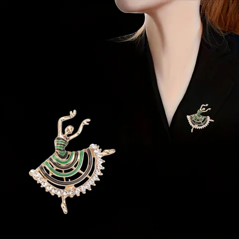 Fashion Alloy Rhinestone Ballet Girl Brooch With Green Enamel Stripe Dancing Girl Pin For Women Clothing Decoration Jewelry