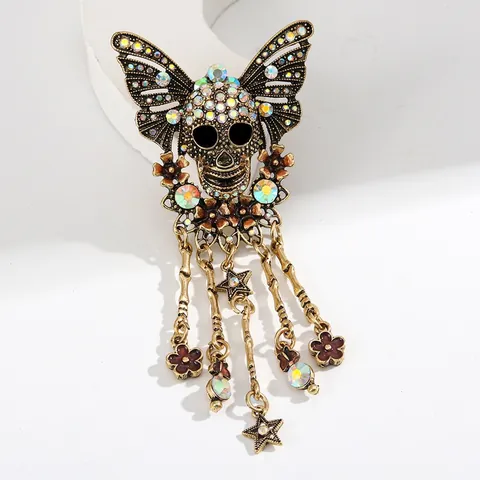 Vintage Gothic Totenkopf Schmetterling Quaste Brosche Legierung Bunte Strass Nadel Halloween Punk Schmuck Für Damen Herren