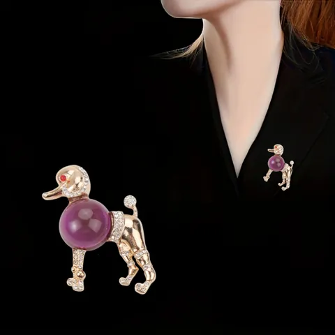 Vintage Poodle Brooch For Women Gold Alloy Purple Faux Glass Rhinestone Dog Lapel Pin Small Crowd Retro Style Animal Jewelry