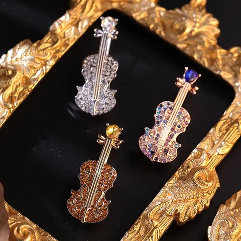 Fashion Rhinestone Violin Brooch Crystal Alloy Musical Instrument Pin Jewelry For Women Dress Shirt Coat Accessory Gift