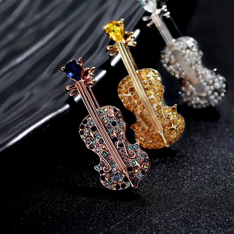 Fashion Rhinestone Violin Brooch Crystal Alloy Musical Instrument Pin Jewelry For Women Dress Shirt Coat Accessory Gift