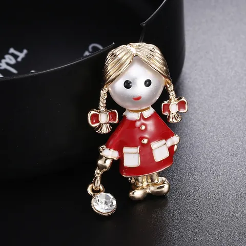 Cute Cartoon Little Girl Enamel Brooch For Women Gold Alloy Artificial Pearl Rhinestone Figure Pin Badge Fashion Jewelry Gift