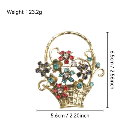 Vintage Alloy Hollow Woven Flower Basket Brooch With Colorful Rhinestones Elegant Floral Pin For Women Suits Accessories