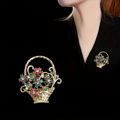 Vintage Alloy Hollow Woven Flower Basket Brooch With Colorful Rhinestones Elegant Floral Pin For Women Suits Accessories
