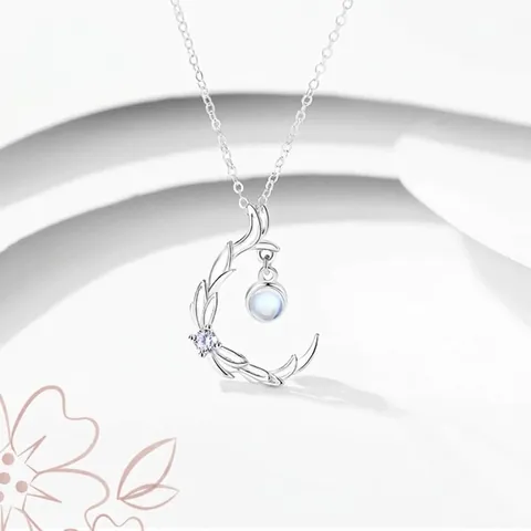 Ancient Style Moon Pendant Necklace For Women Alloy Rhinestone Synthetic Moonstone Ethereal Silver Tone Clavicle Chain Jewelry Gift