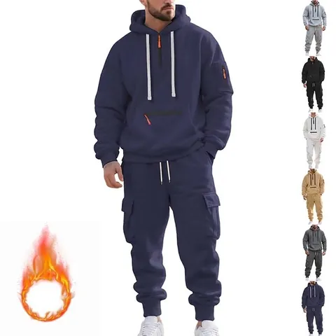 Herren Heavyweight Fleece Kapuzen-Trainingsanzug Halbreißverschluss Sweatshirt Cargo-Hose Oberteil und Hose Streetwear Lässig Sport Winter Warm