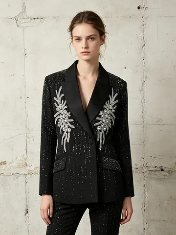 Women Rhinestone Blazer Jacket Double Breasted Lapel Loose Long Sleeve Polyester Streetwear Elegant Party Outerwear Top