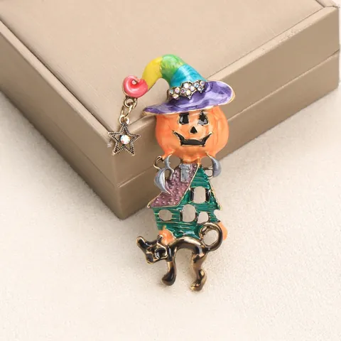 Vintage Halloween Pumpkin Witch Hat Black Cat Brooch Alloy Enamel Rhinestone Haunted House Pin Jewelry Gift for Women
