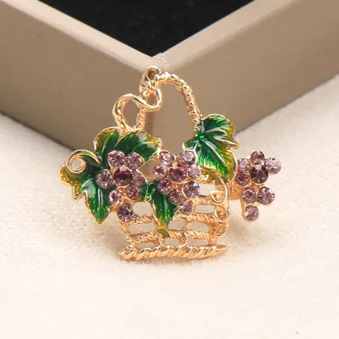 Elegant Alloy Hollow Flower Basket Brooch with Purple Rhinestones and Enamel Leaves Vintage Corset Pin Jewelry for Women
