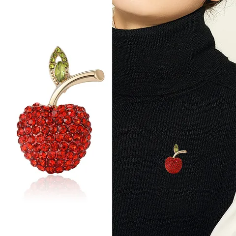 Apple Shaped Rhinestone Brooch Red Green Crystal Fruit Pin For Women Christmas Gift Suit Coat Jewelry Accessory