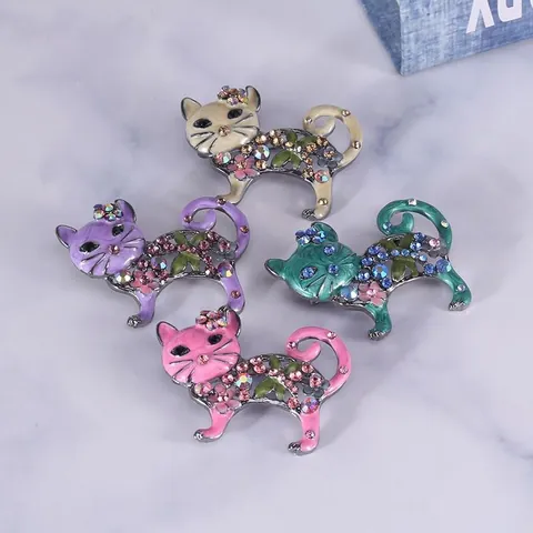 Spilla Gatto Vintage in Lega Strass Smalto Floreale Gatto Pin Accessorio Corsage Popolare per Moda Donna Regalo Gioielli