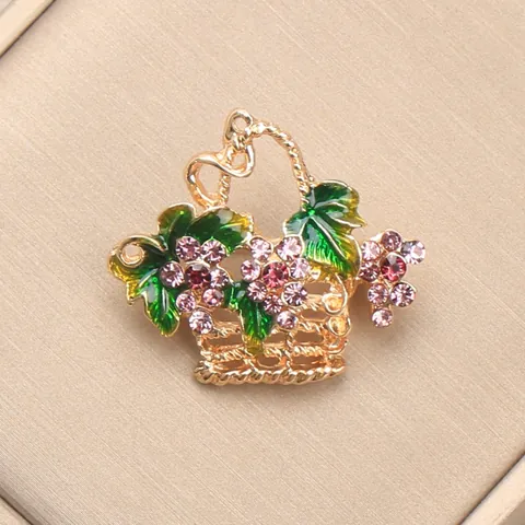 Elegant Alloy Hollow Flower Basket Brooch with Purple Rhinestones and Enamel Leaves Vintage Corset Pin Jewelry for Women