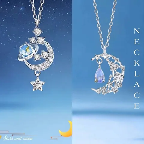 Dreamy Alloy Star and Moon Pendant Necklace For Women Romantic Rhinestone Blue Stone Whale Tail Jewelry Ethereal Gift For Girlfriend