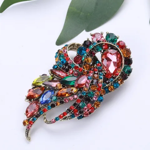 Vintage Luxury Alloy Brooch With Colorful Rhinestone Inlaid Elegant Feather Pattern Pins For Suit Wedding Party Jewelry Women