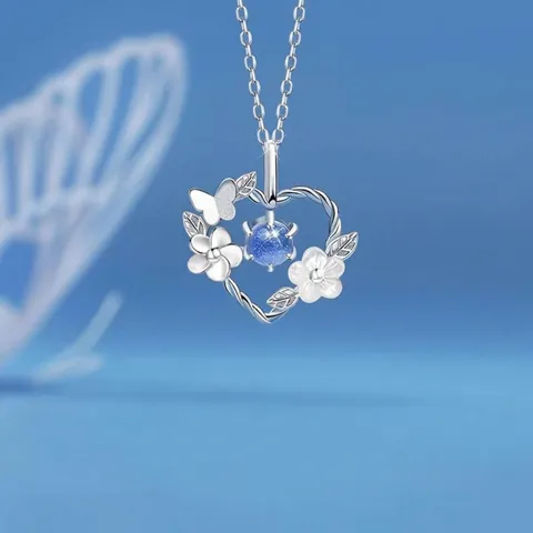 Elegant Alloy Rhinestone Pendant Necklace Fairy Style Heart Moon Feather Branch Butterfly Silver Plated Women Jewelry Gift